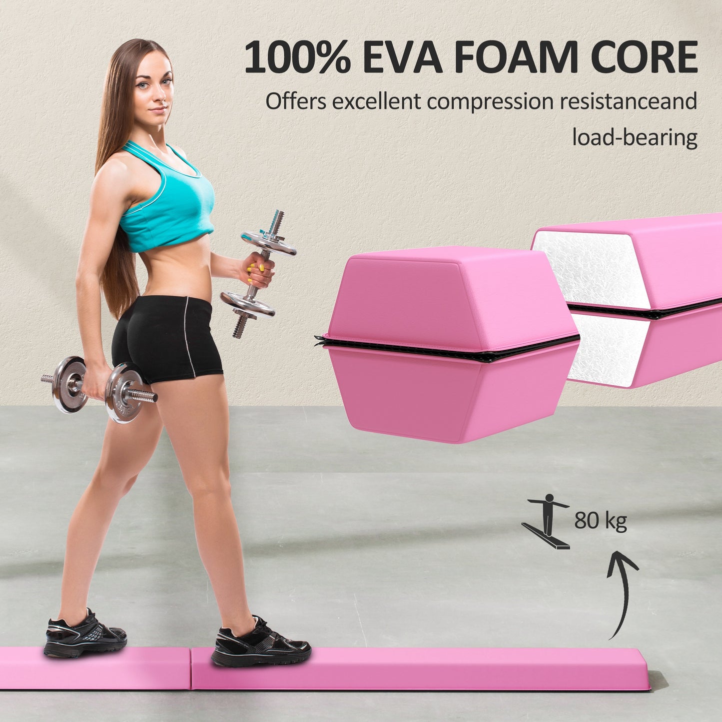7.7ft Folding Gymnastics Beam, Floor Balance Beam for Kids with Anti-Slip Base, Gymnastics Equipment for Home, Pink