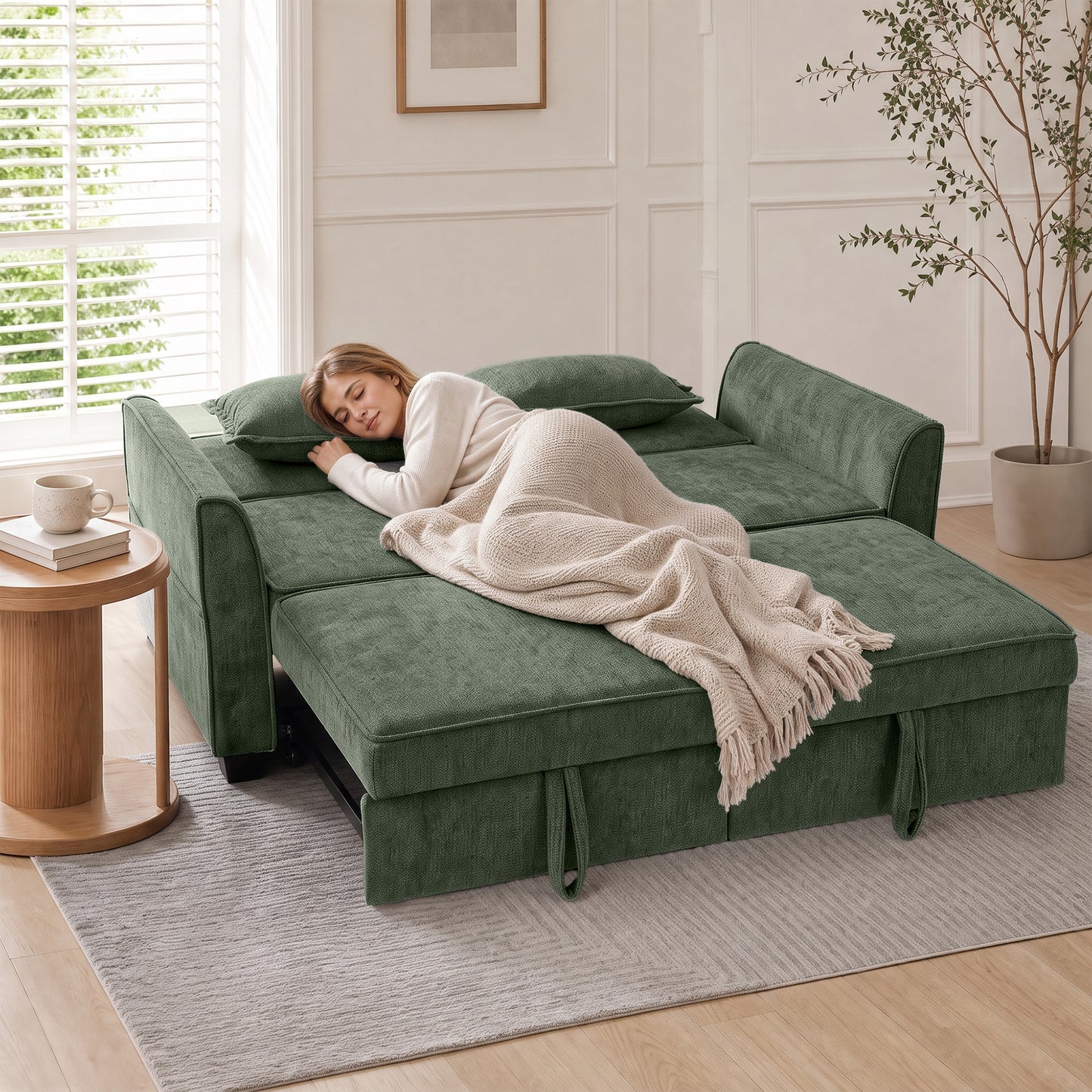 2 Seater Sofa Bed, 4-in-1 L-Shaped Convertible Pull-Out Sleeper Sofa with Adjustable Backrest Side Pockets, Dark Green