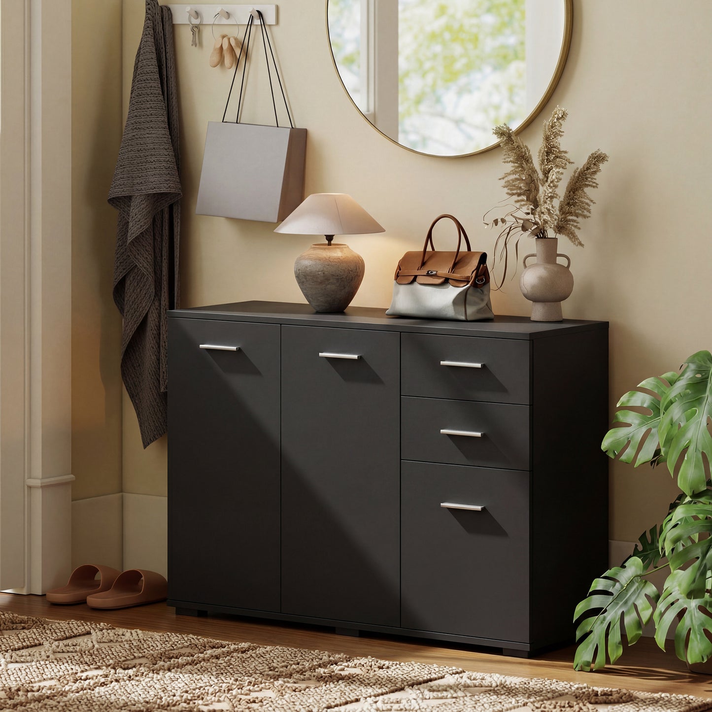 Sideboard, Modern Storage Cabinet with 2 Drawers, 3 Doors and Adjustable Shelves, Black