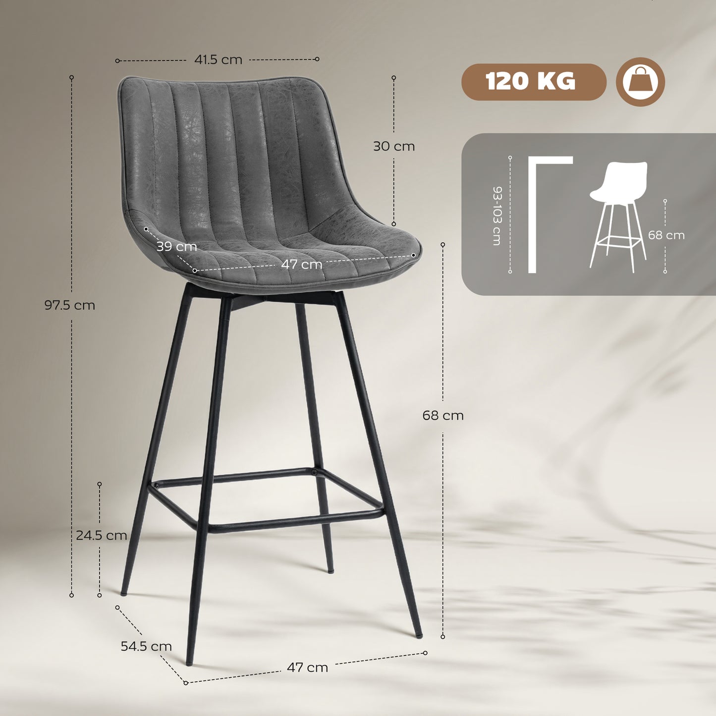 Set of 2 PU Leather Swivel Bar Stools - Grey