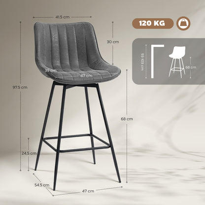 Set of 2 PU Leather Swivel Bar Stools - Grey
