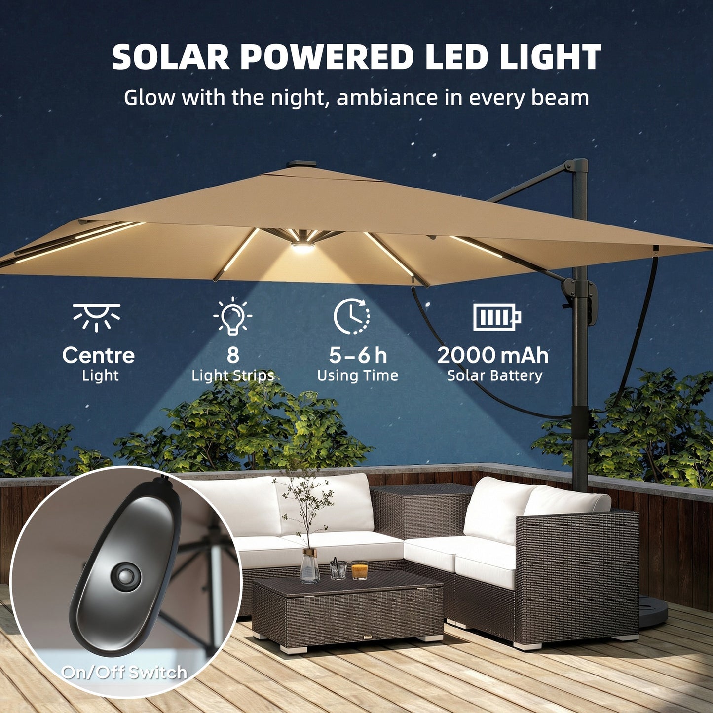 3 x 3 m Garden Cantilever Parasol with Light, Umbrella with Wind Protection, 360° Rotation, Khaki