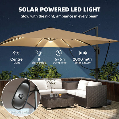 3 x 3 m Garden Cantilever Parasol with Light, Umbrella with Wind Protection, 360° Rotation, Khaki