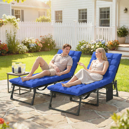 Folding Sun Loungers for Garden Set of 2, 5-Position Oversized Camping Bed Recliner with Cushions, Blue