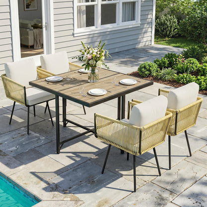 5 Piece Garden Furniture Set, Garden Dining Set with Wood-Plastic Table and 4 Armchairs, Beige