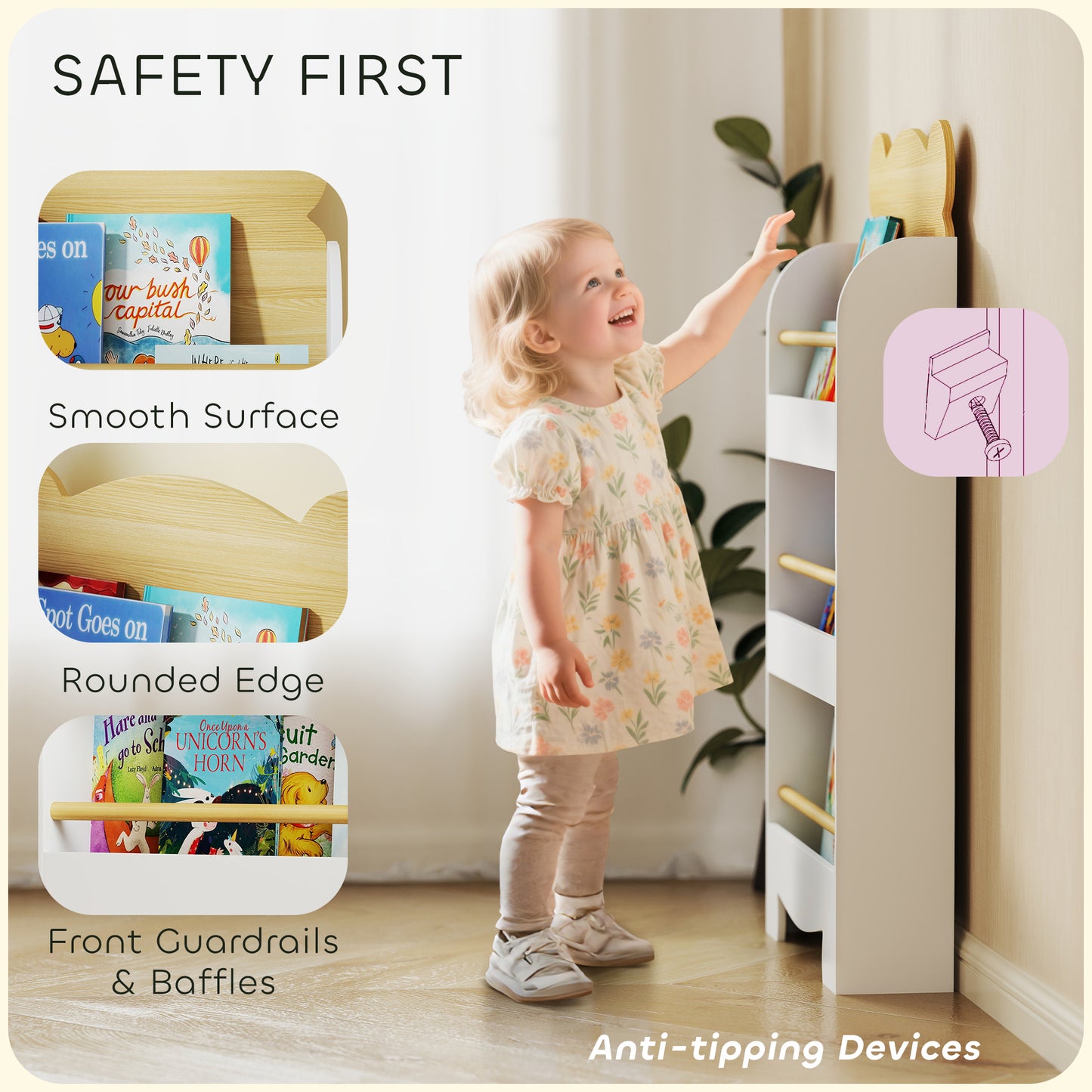 Kids Bookshelf, 3 Tier Children Bookcase, Bear Theme Toddler Space-Saving Bookcase for Living Room, White