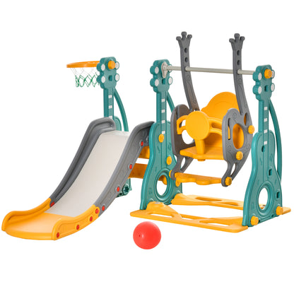 3-IN-1 Kids Swing and Slide Set with Basketball Hoop Slide Swing Adjustable Seat Height Toddler Playground Activity centre In