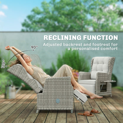 Rattan Garden Recliner Chair, Reclining Garden Chair with Adjustable Back and Footrest, Flip Table, Cushion, Light Grey