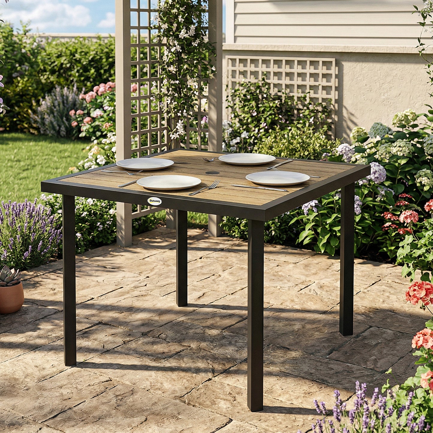 Square Garden Dining Table with 5.4cm Parasol Hole, Slatted Top, Metal Frame, 86 x 86 x 71cm, Brown