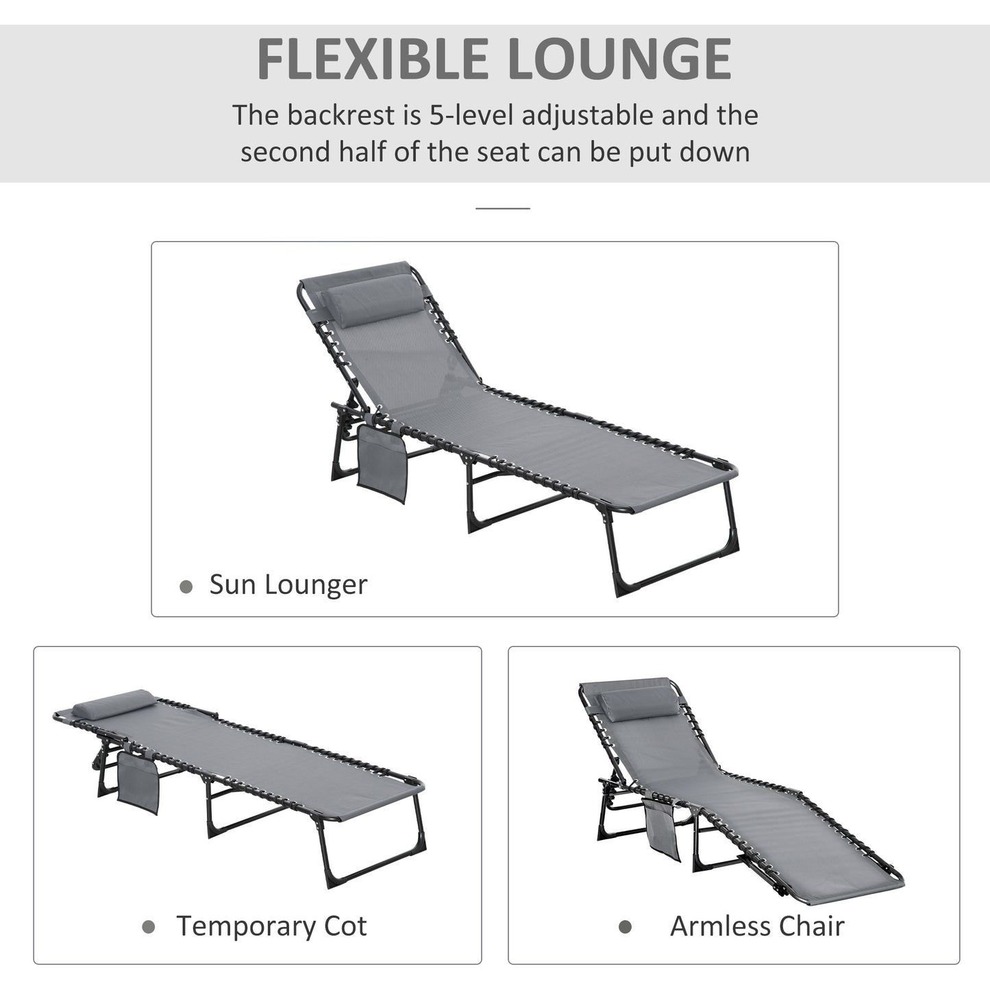Portable Sun Lounger, Folding Camping Bed Cot, Reclining Lounge Chair 5-position Adjustable Backrest with Side Pocket