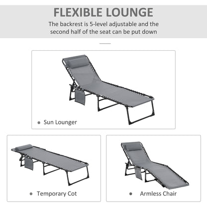 Portable Sun Lounger, Folding Camping Bed Cot, Reclining Lounge Chair 5-position Adjustable Backrest with Side Pocket