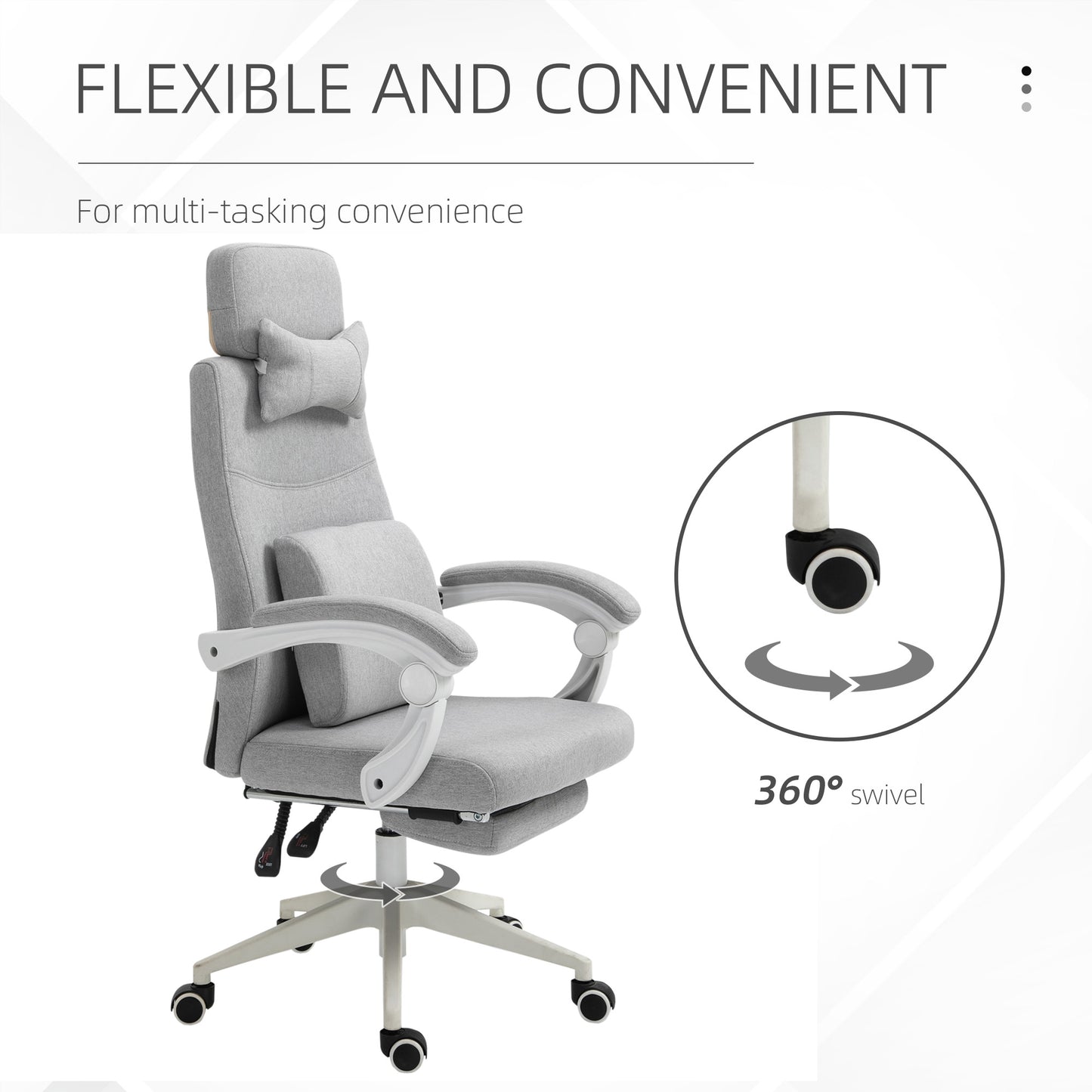 Office Chair, High Back Fabric Work Chair with 160° Reclining Backrest, Retractable Footrest, Neck and Lumbar Pillow