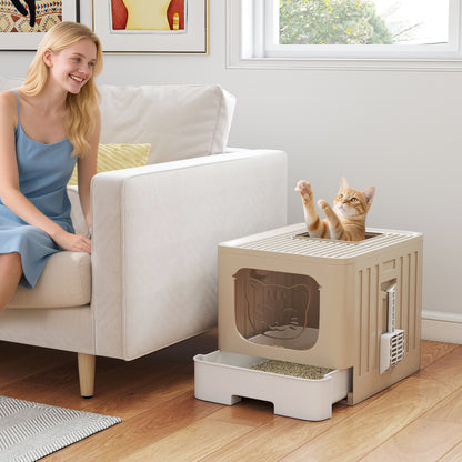 Cat Litter Box with Lid, Slide-Out Drawer, Scoop, Easy Clean, Odour Control, Anti-Splashing, Khaki