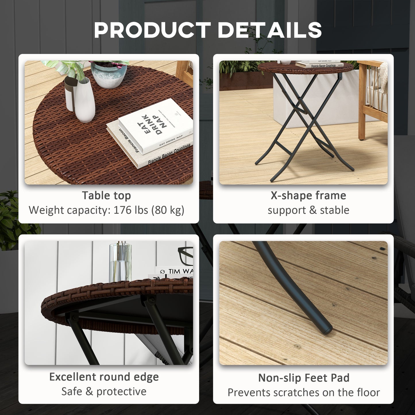 Foldable PE Rattan Outdoor Coffee Table, Metal Frame Wicker Round Side Table, Coffee Table Side Table for Lawn, Garden