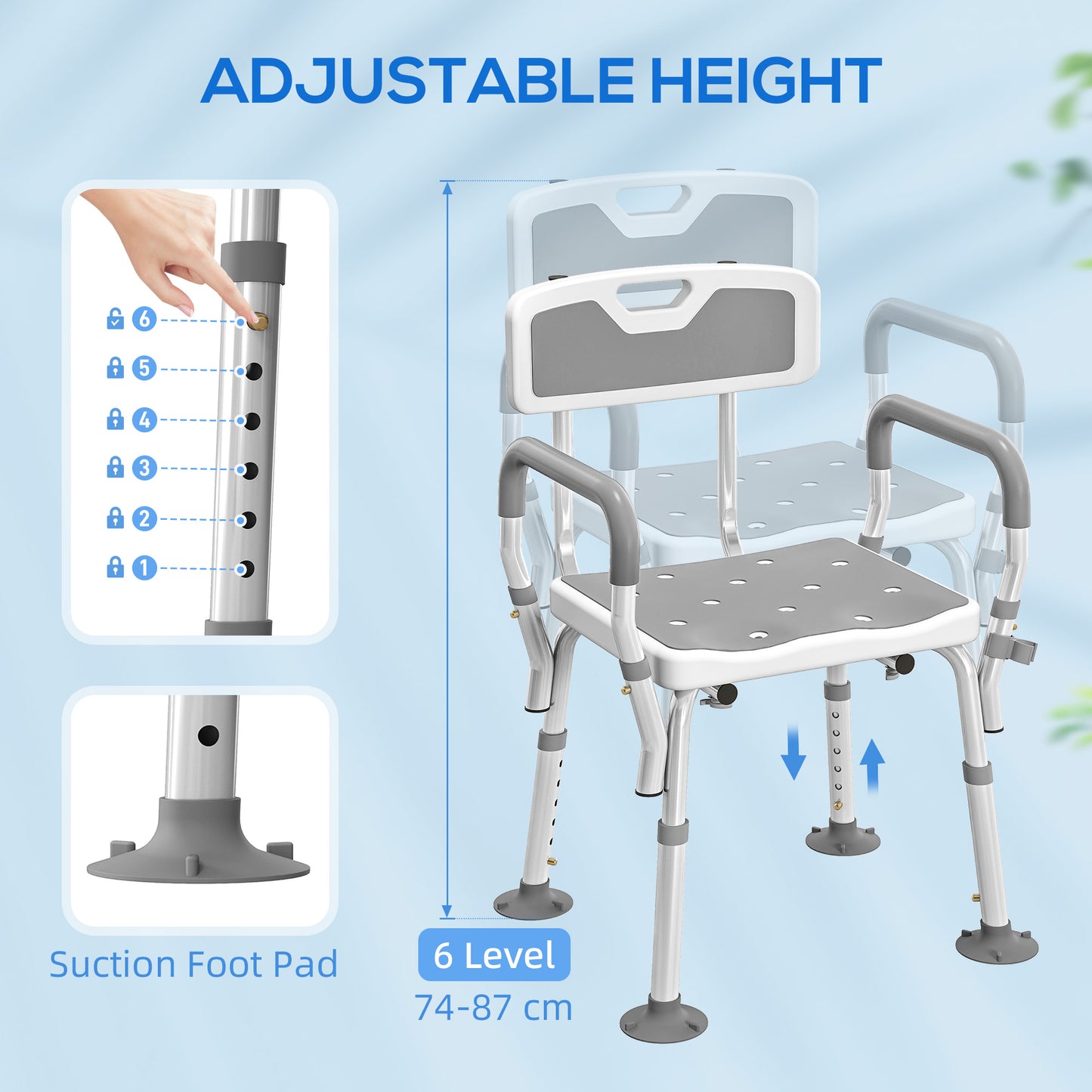EVA Padded Shower Chair for the Elderly and Disabled, Height Adjustable Shower Stool with Back and Arms, 4 Suction Foot Pads