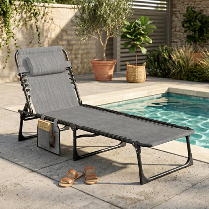 Portable Sun Lounger, Folding Camping Bed Cot, Reclining Lounge Chair 5-position Adjustable Backrest with Side Pocket