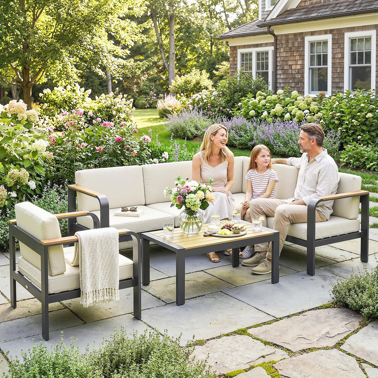 3 Pieces Garden Furniture Set with L-Shaped Sofa, Armchair and Coffee Table, Aluminium Garden Corner Sofa Set