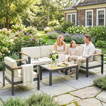 3 Pieces Garden Furniture Set with L-Shaped Sofa, Armchair and Coffee Table, Aluminium Garden Corner Sofa Set