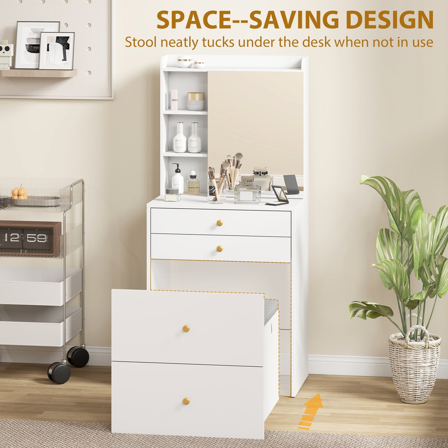 Dressing Table with Mirror and Mobile Storage Stool, Compact Vanity Table with Cabinet, Drawers, Open Shelves, White