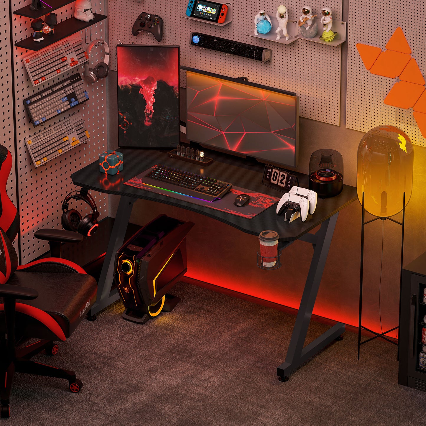 Gaming Desk 120 x 65 cm Steel Frame with Cup Holder, Headphone Hook, Adjustable Feet and Cable Organiser