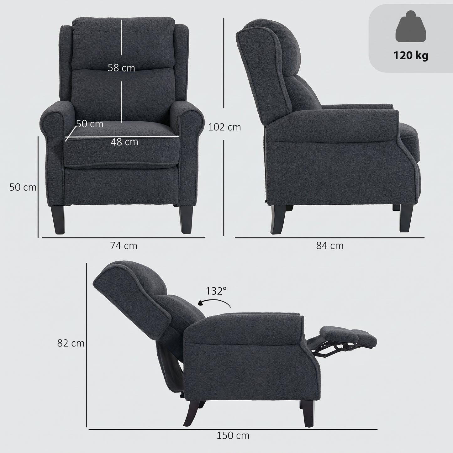 132° Recliner Armchair, with Extended Footrest - Dark Grey