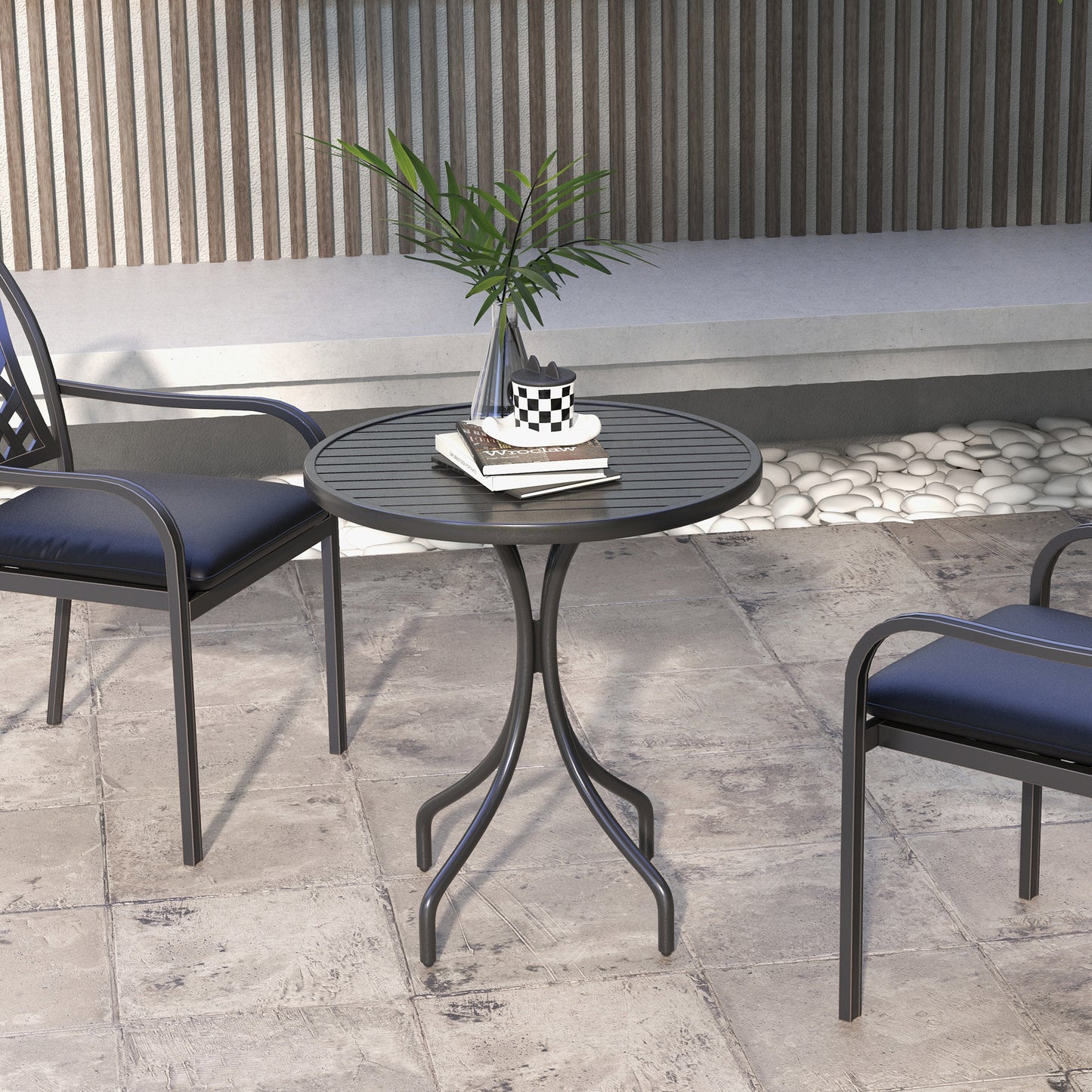 66cm Patio Table, Round Garden Table, Outdoor Side Table with Steel Frame and Slat Tabletop, Black