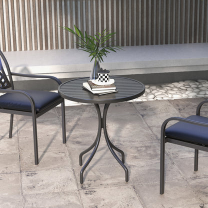 66cm Patio Table, Round Garden Table, Outdoor Side Table with Steel Frame and Slat Tabletop, Black