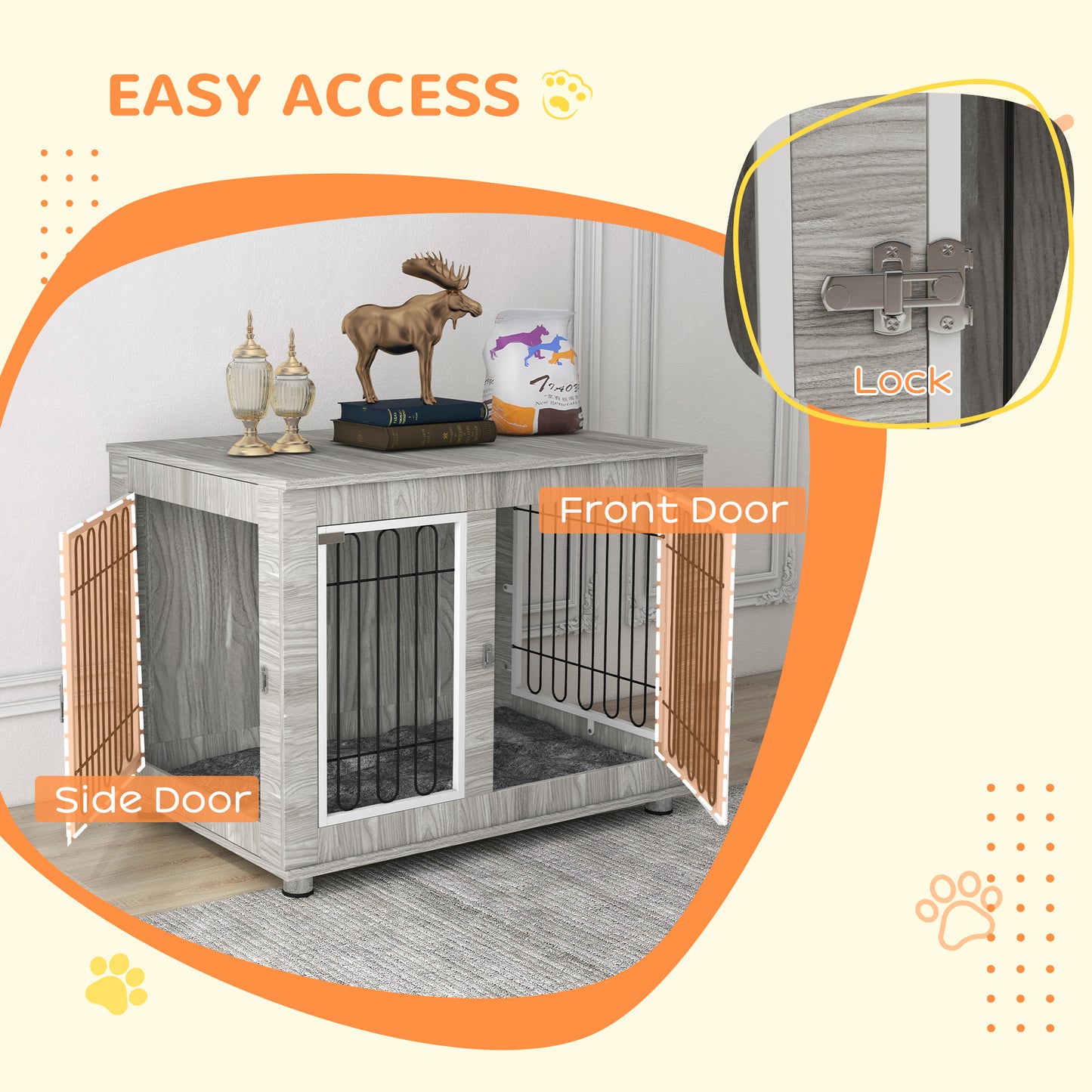 Dog Crate Furniture, Dog Cage End Table. with Soft Cushion, Double Door, for Large Dogs, Grey