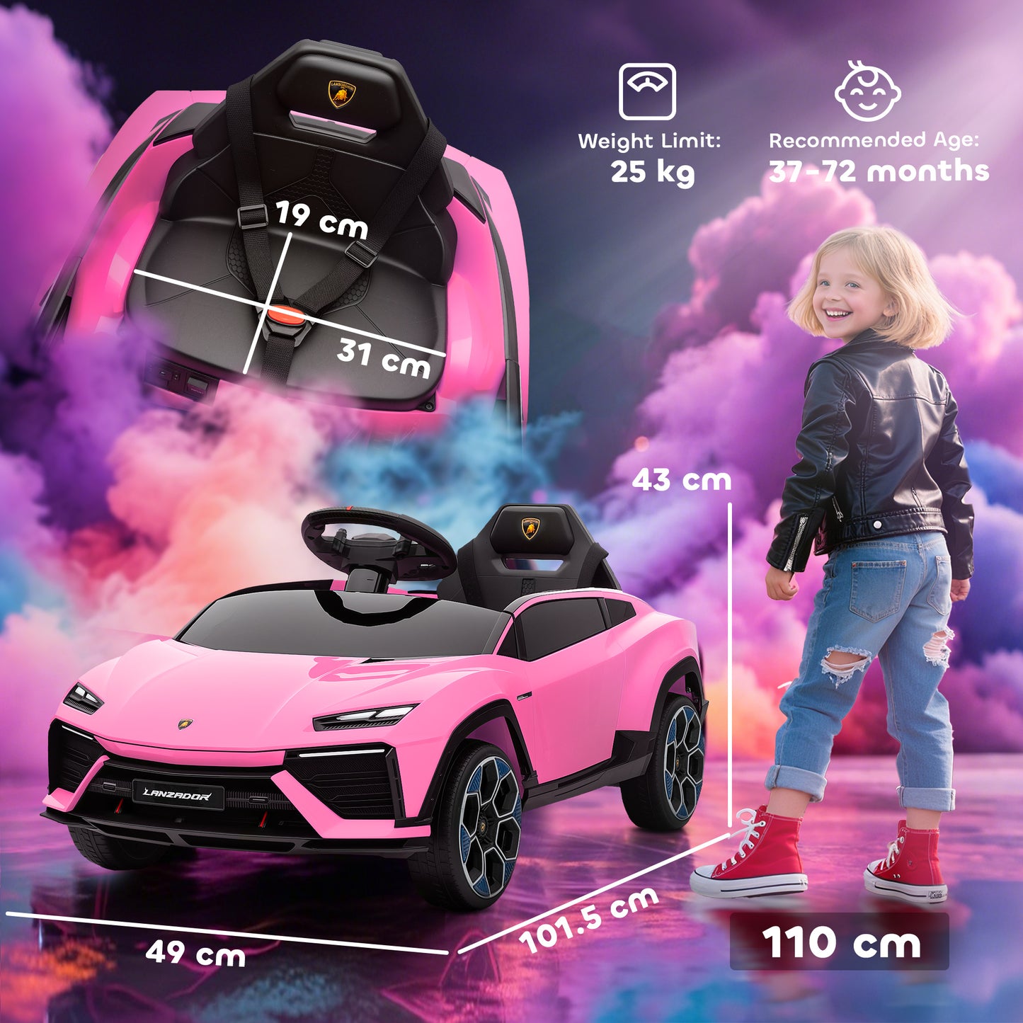 12V Licensed Lamborghini Electric Cars for Kids, Ride On Car with Remote Control for 3-6 Years Old, Pink