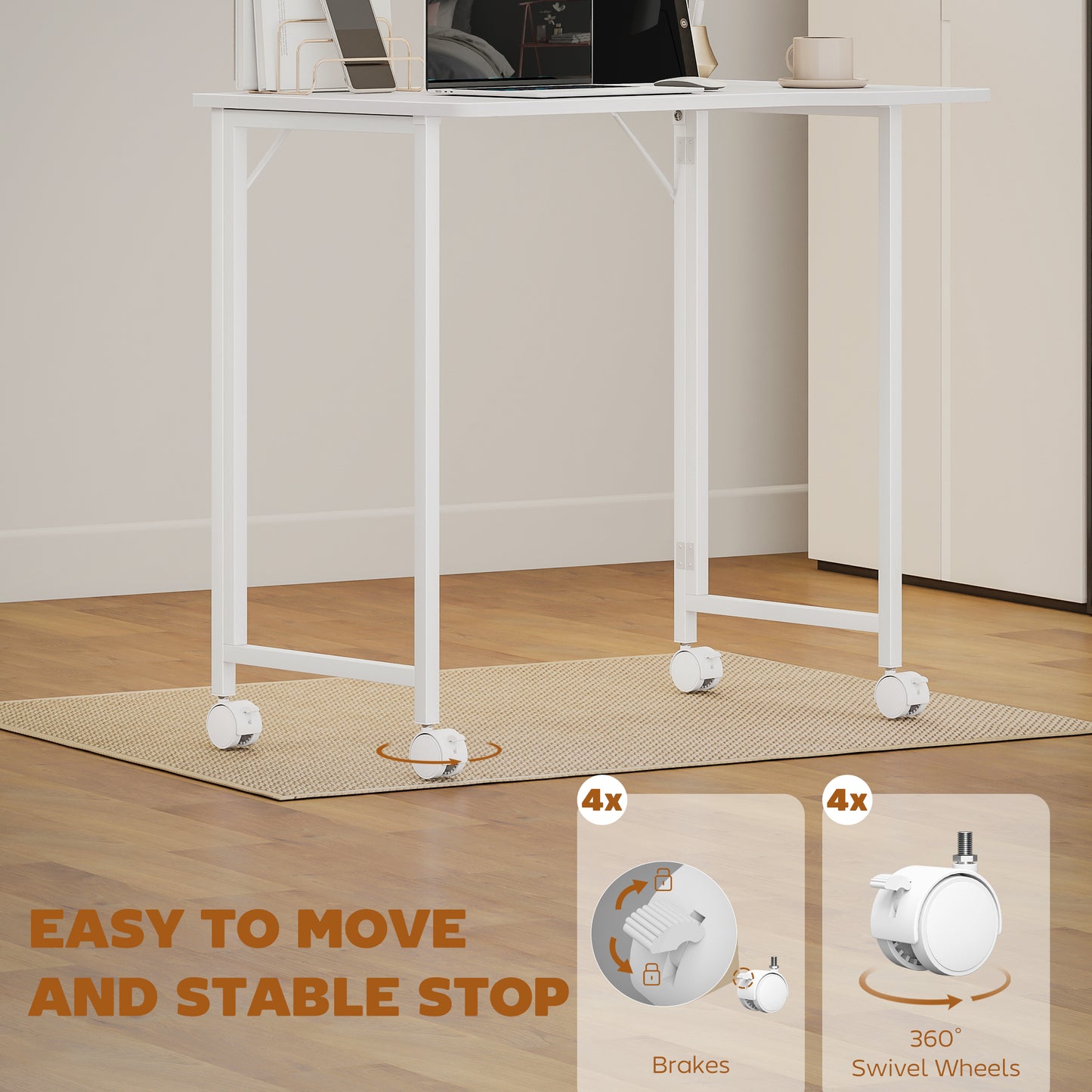 Small Folding Desk, with Wheels - White Wood-Effect