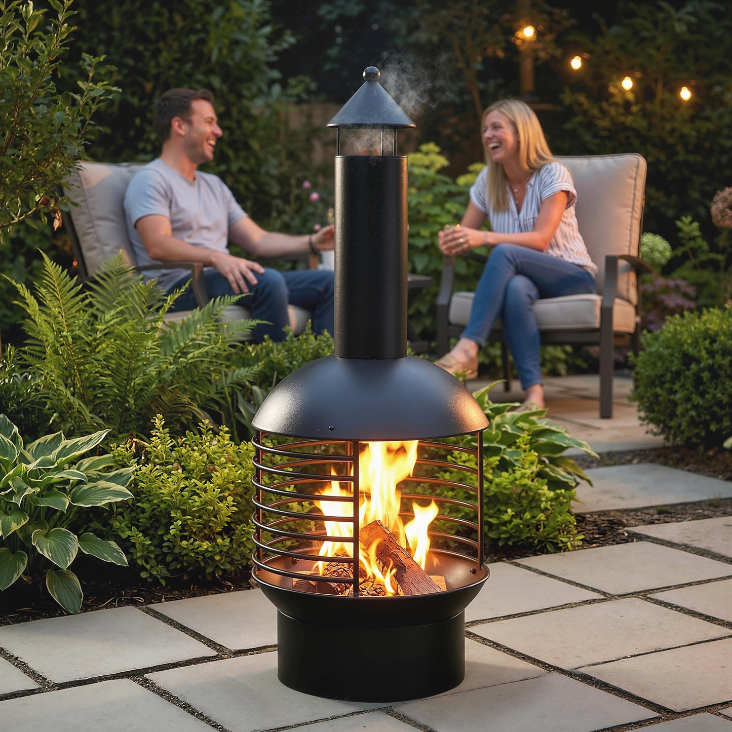 Chimney Fire Pit, Portable Wood Burning Firepit with Poker, Charcoal Grid, Outdoor Fireplace for Garden Patio, Black