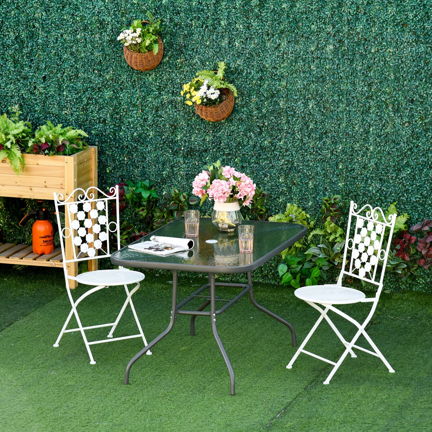 Garden Dining Table Glass Top Metal Frame with Parasol Hole Outdoor Balcony Grey 140L x 80Wcm