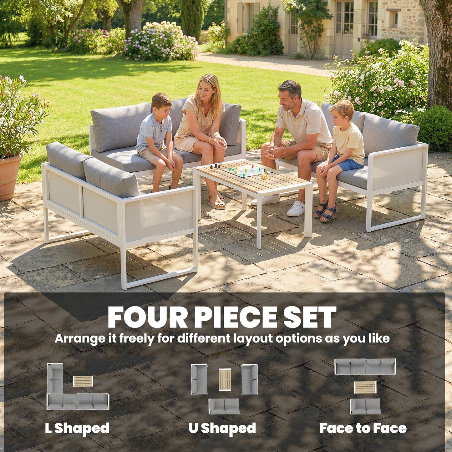 6 Seater Metal Garden Furniture Corner Sofa Set with 3 Loveseats, Faux Wood Table, Texteline Seat, Cushions, White