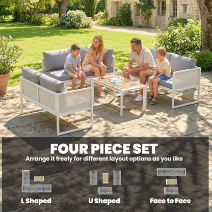6 Seater Metal Garden Furniture Corner Sofa Set with 3 Loveseats, Faux Wood Table, Texteline Seat, Cushions, White