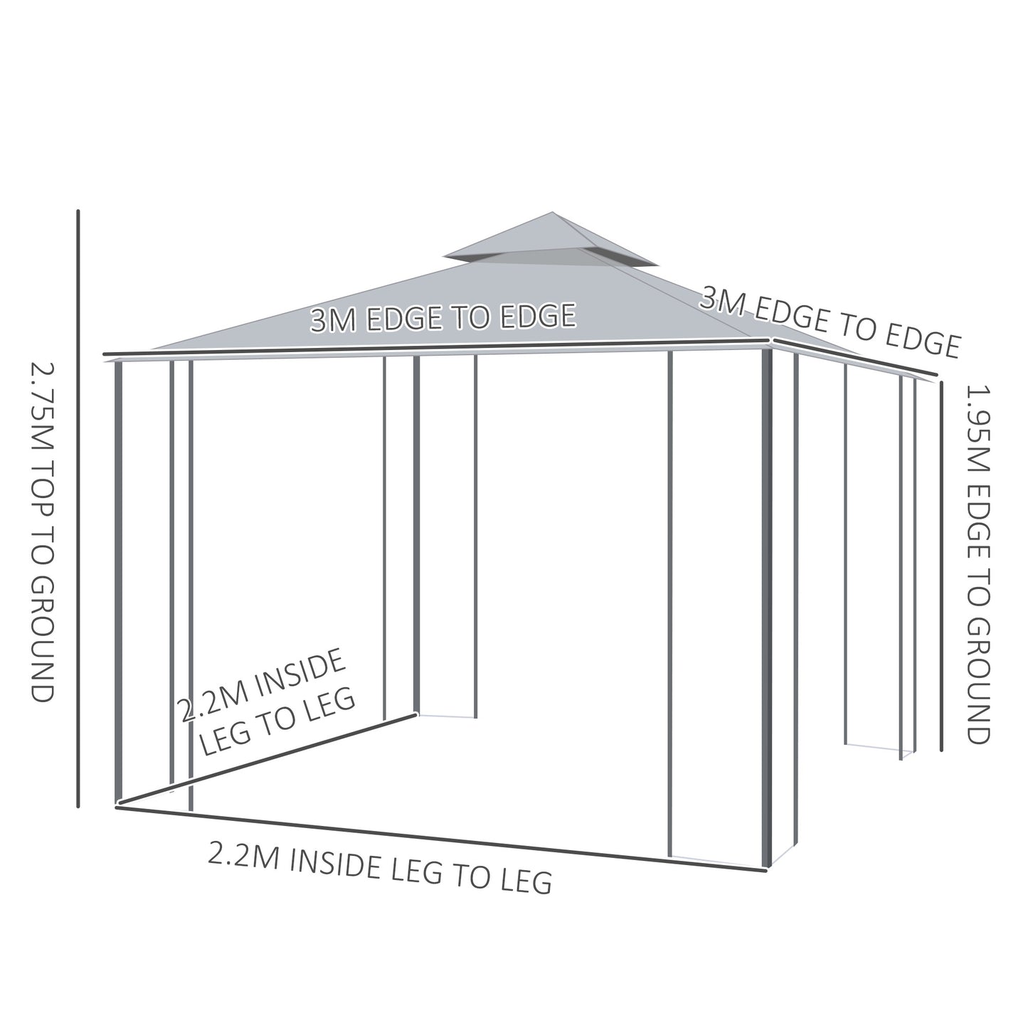 3(M)x3(M) Garden Gazebo Double Top Outdoor Canopy Patio Event Party Wedding Tent Backyard Sun Shade with Netting - Grey