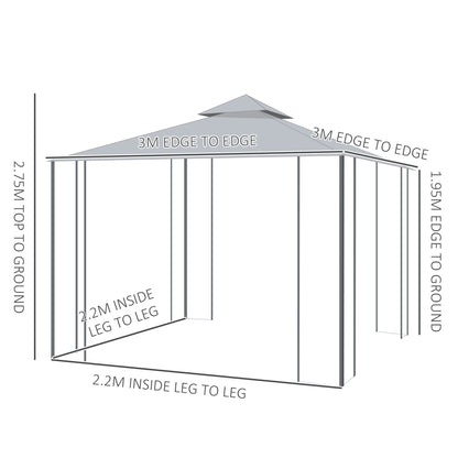 3(M)x3(M) Garden Gazebo Double Top Outdoor Canopy Patio Event Party Wedding Tent Backyard Sun Shade with Netting - Grey