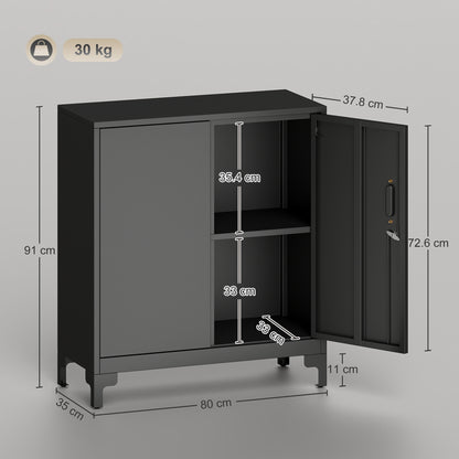 Lockable Metal Filing Cabinet, 2-Tier Storage Cupboard with Double Doors, Modern Office Organiser, Black