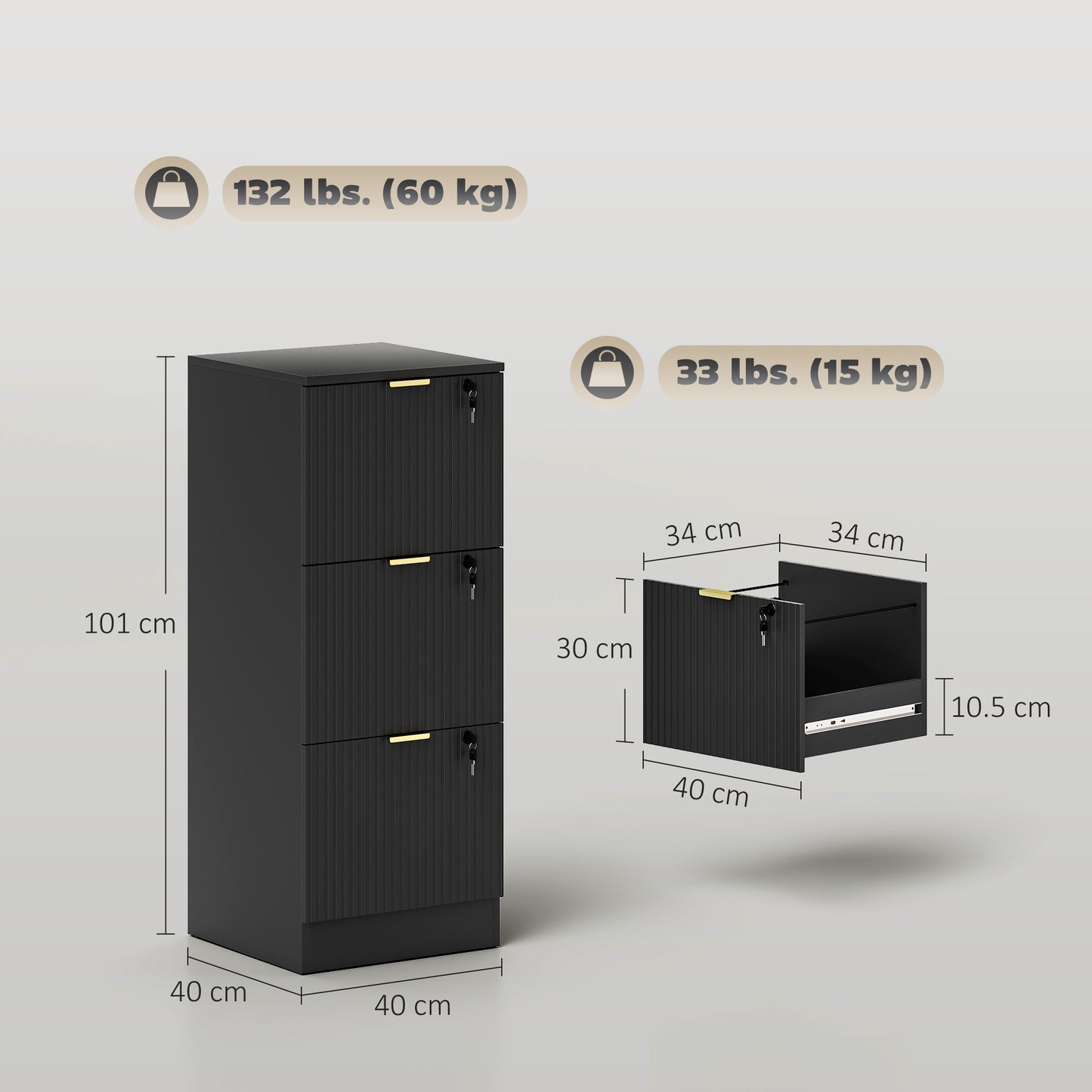 Filing Cabinet, Fluted Vertical File Cabinet with 3 Lockable Drawers and Hanging Rails, Black