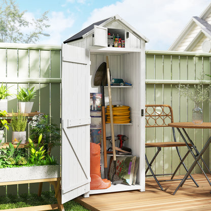 Small Shed, Tall Slim Wooden Garden Shed with 3 Removable Shelves and Roof Hatch, Compact Outdoor Tool Storage Cabinet