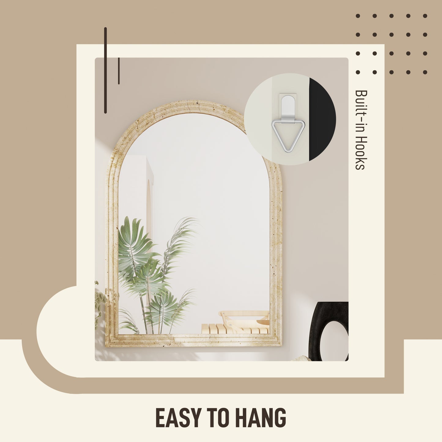Arched Wall Mirror with Grooved Edge & Hooks, Wall-Mounted Mirror, Modern Tempered Glass & Polystyrene Beige