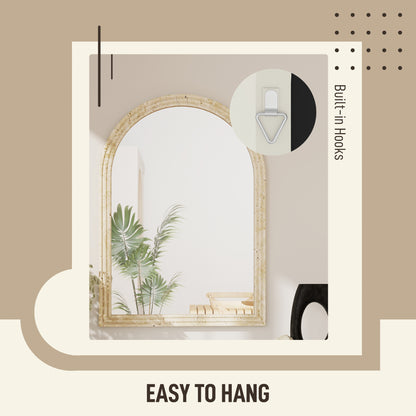 Arched Wall Mirror with Grooved Edge & Hooks, Wall-Mounted Mirror, Modern Tempered Glass & Polystyrene Beige