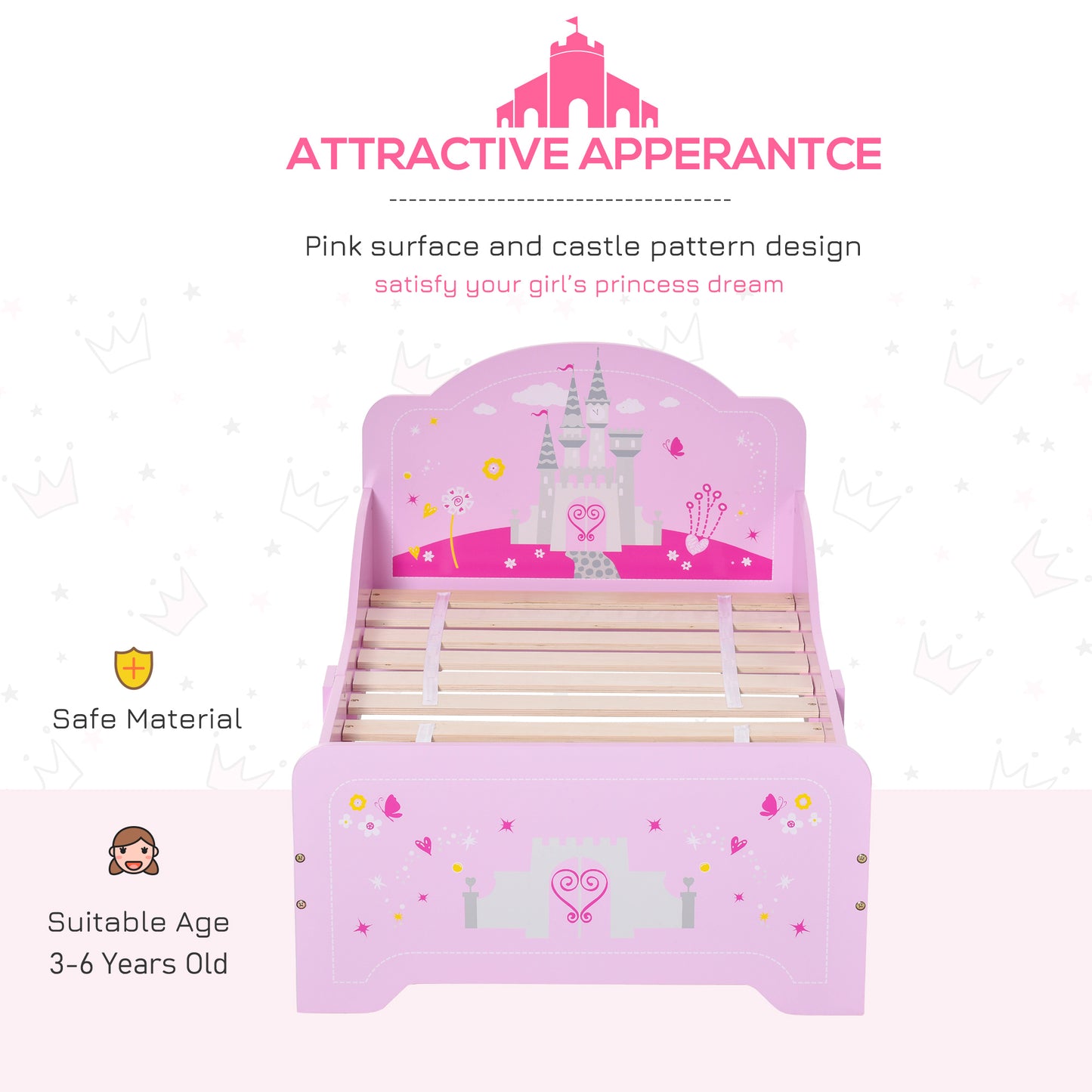 Kids Bed Princess Castle Theme w/ Side Rails Slats Home Furniture for 3 - 6 Yrs Pink 143 x 73 x 60 cm