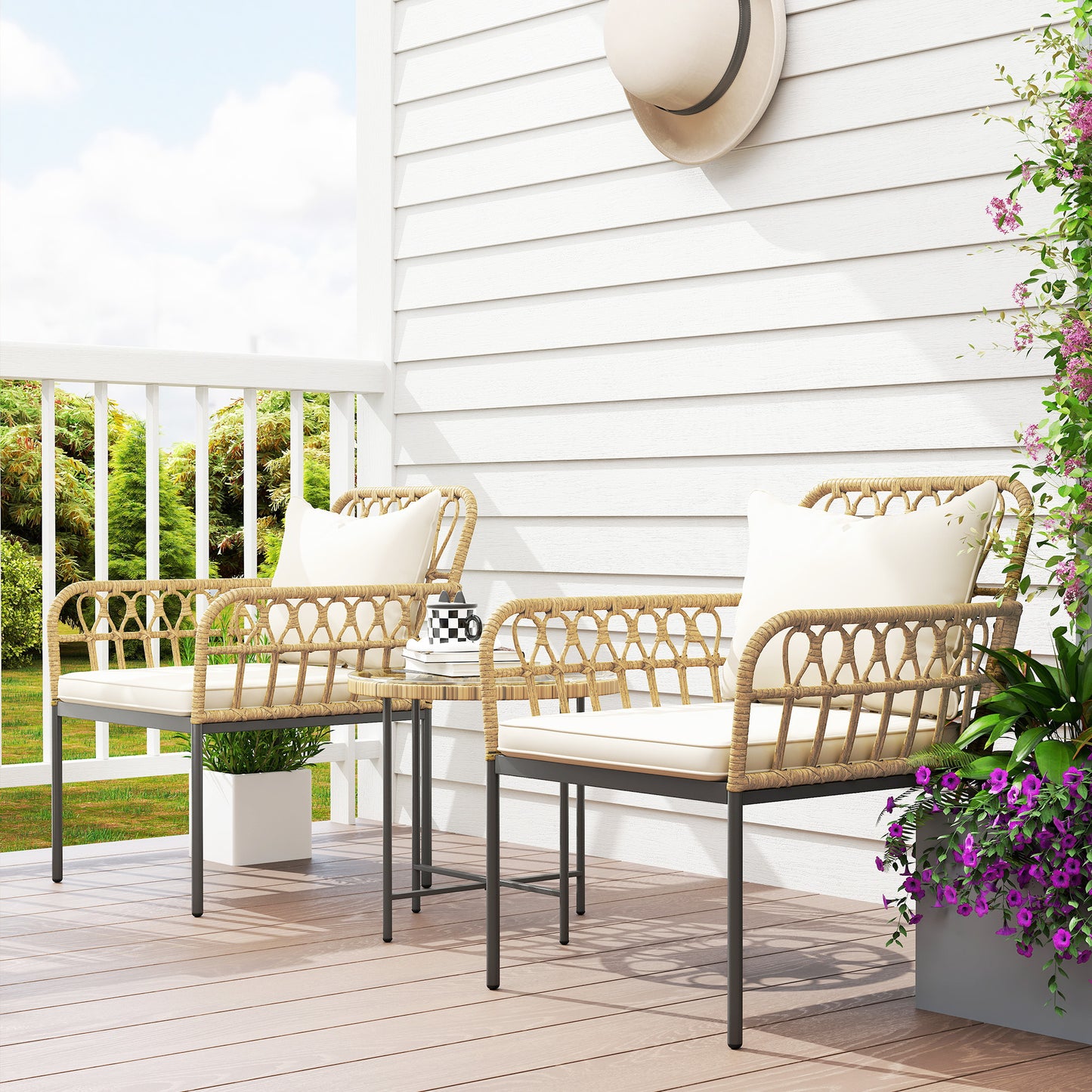 3 Piece Rattan Bistro Set, Wicker Garden Furniture Set with Cushions, Glass Top Coffee Table and Chairs for Outdoor, Patio