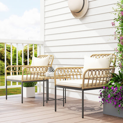 3 Piece Rattan Bistro Set, Wicker Garden Furniture Set with Cushions, Glass Top Coffee Table and Chairs for Outdoor, Patio