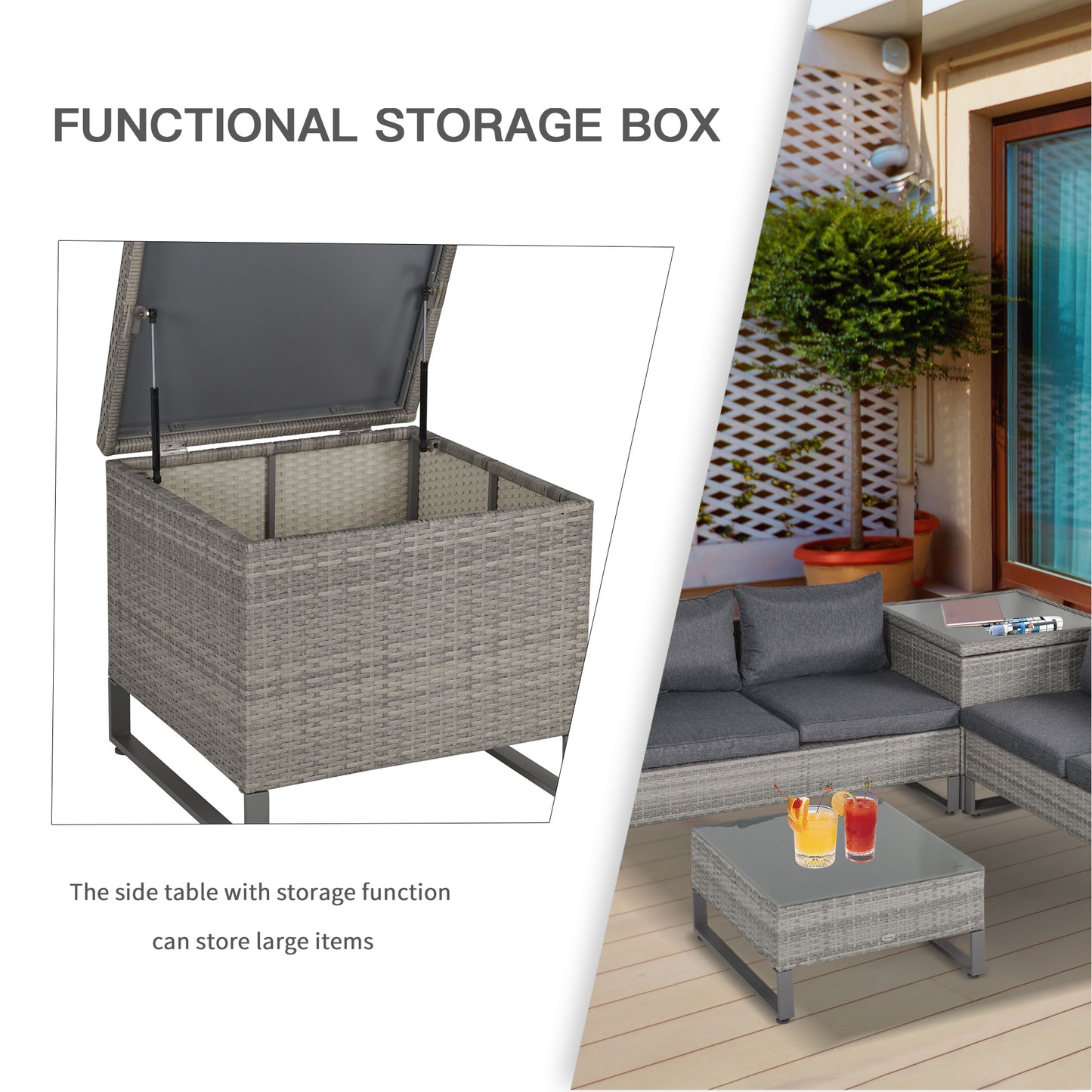 4 Pieces Rattan Garden Furniture Set, 4 Seater Garden Sofa Set with Storage Box, Loveseats and Glass Top Table