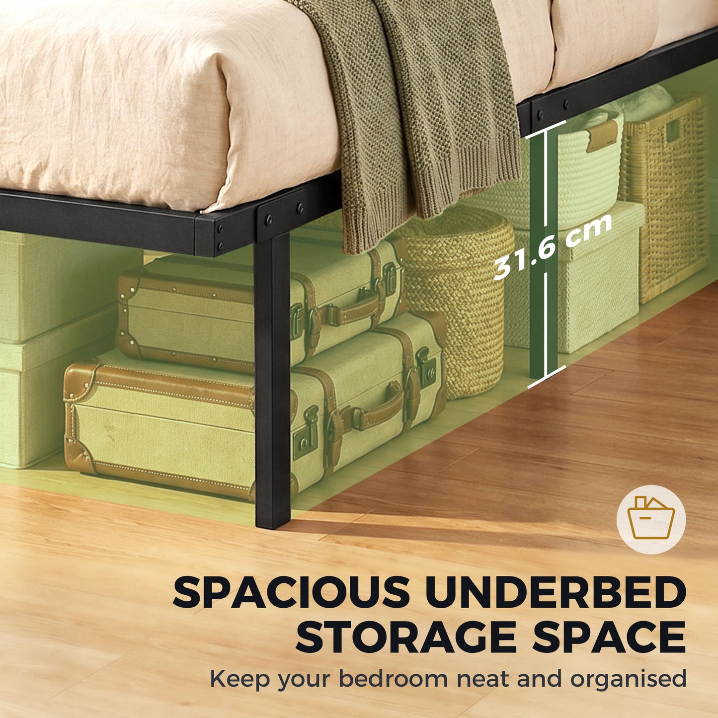 4ft6 Double Bed Frame with Underbed Storage, Metal Platform Bed Frame with Steel Slat Support, No Box Spring Needed
