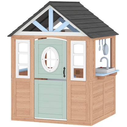 Wooden Playhouse for Kids, Wendy House with Pet Door, Play Kitchen, Half Door and Windows for Indoor Outdoor, Ages 2+