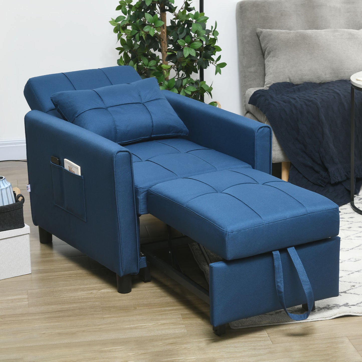 Linen-Look Single Chair Bed with Thick Padding - Blue