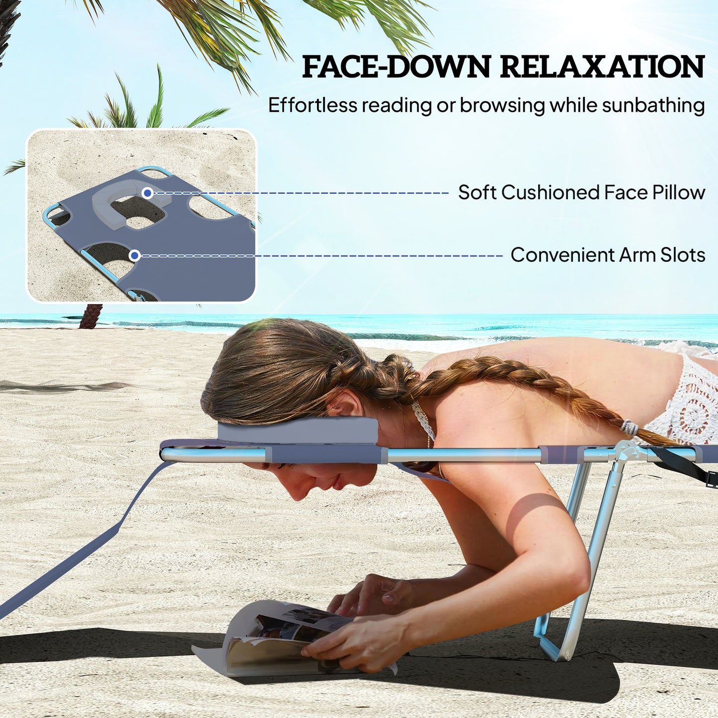 5-Position Adjustable Sun Lounger with Reading Hole and Side Pocket, Grey