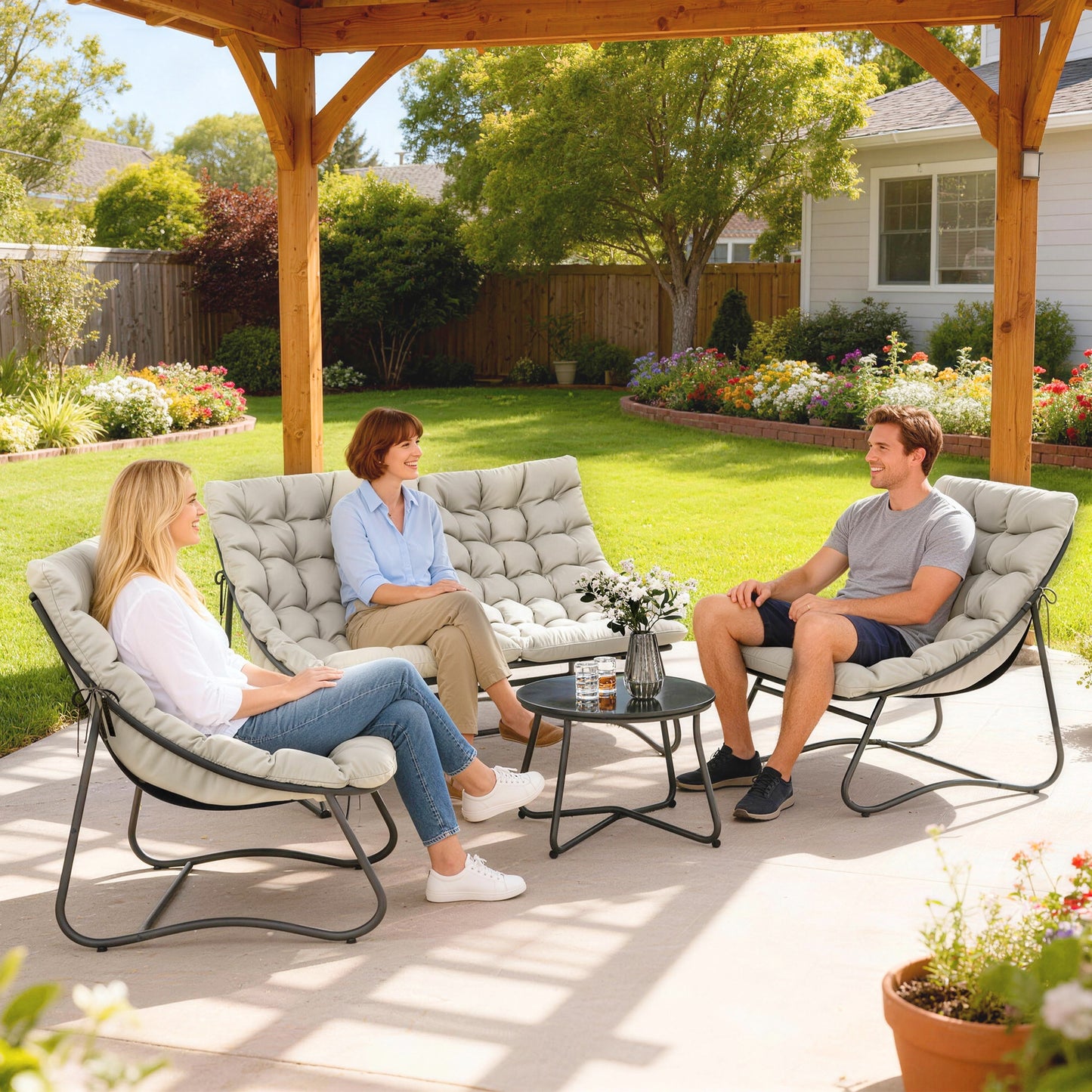 4 Seater Garden Furniture Set, Conversation Set with Loveseat Sofa, Chairs, Glass Coffee Table, Thick Cushions